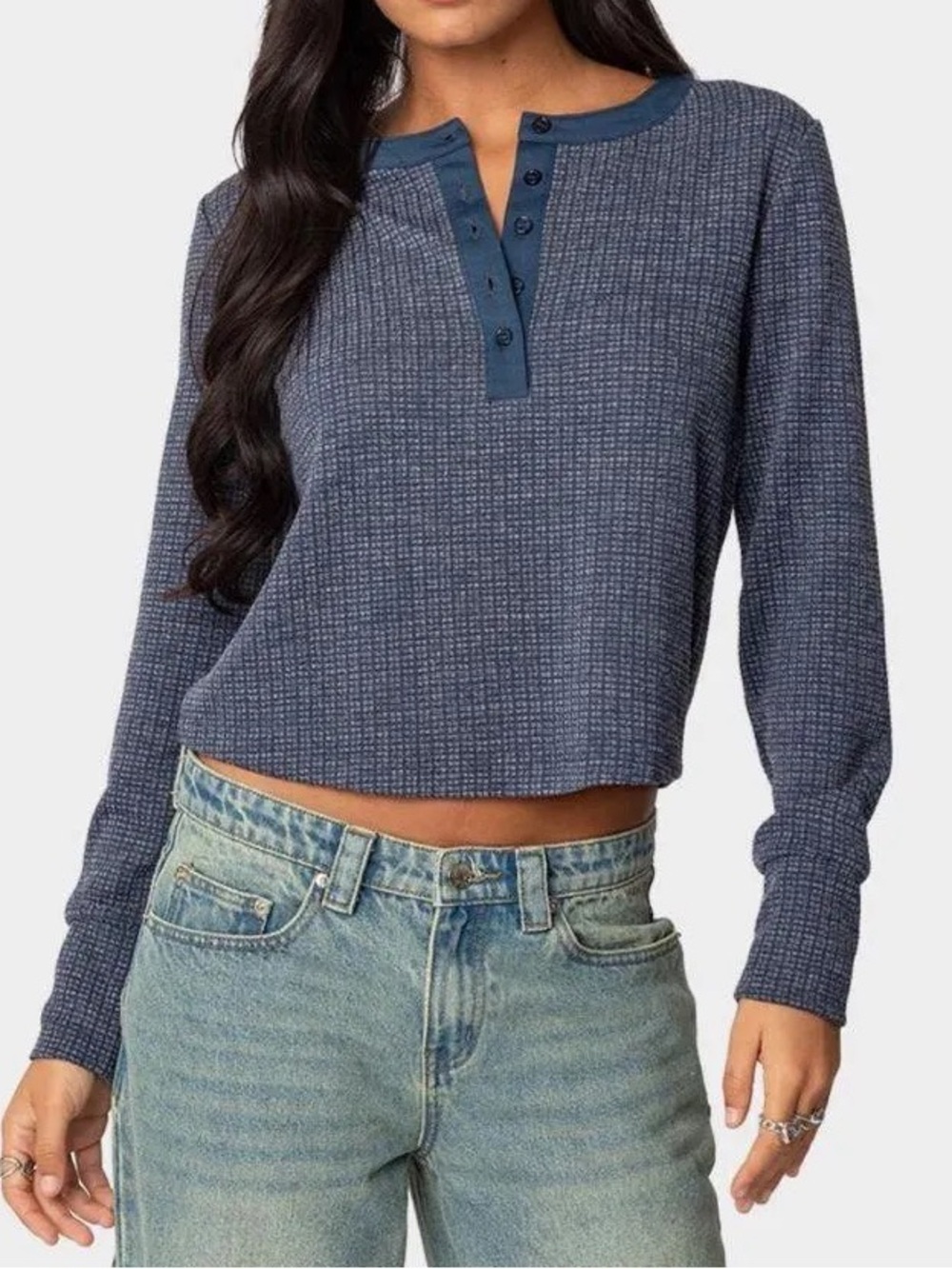 Edikted Women's Long-Sleeve Ribbed Henley Top - Charcoal Navy Trim